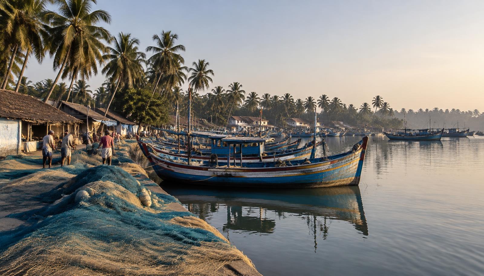 Traditional wooden fishing boats moored at a Kerala harbour in morning light